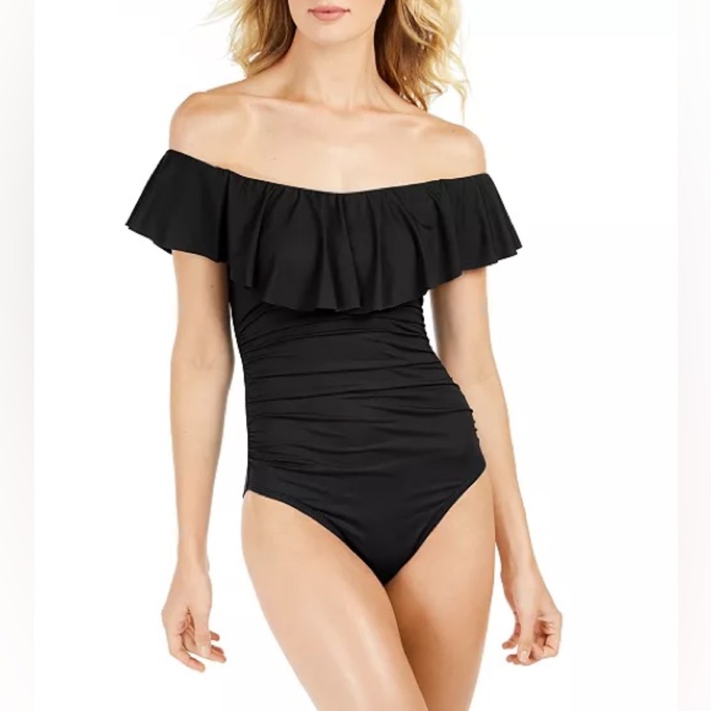 La Blanca Island Goddess Off Shoulder Ruffle One Piece - Black
